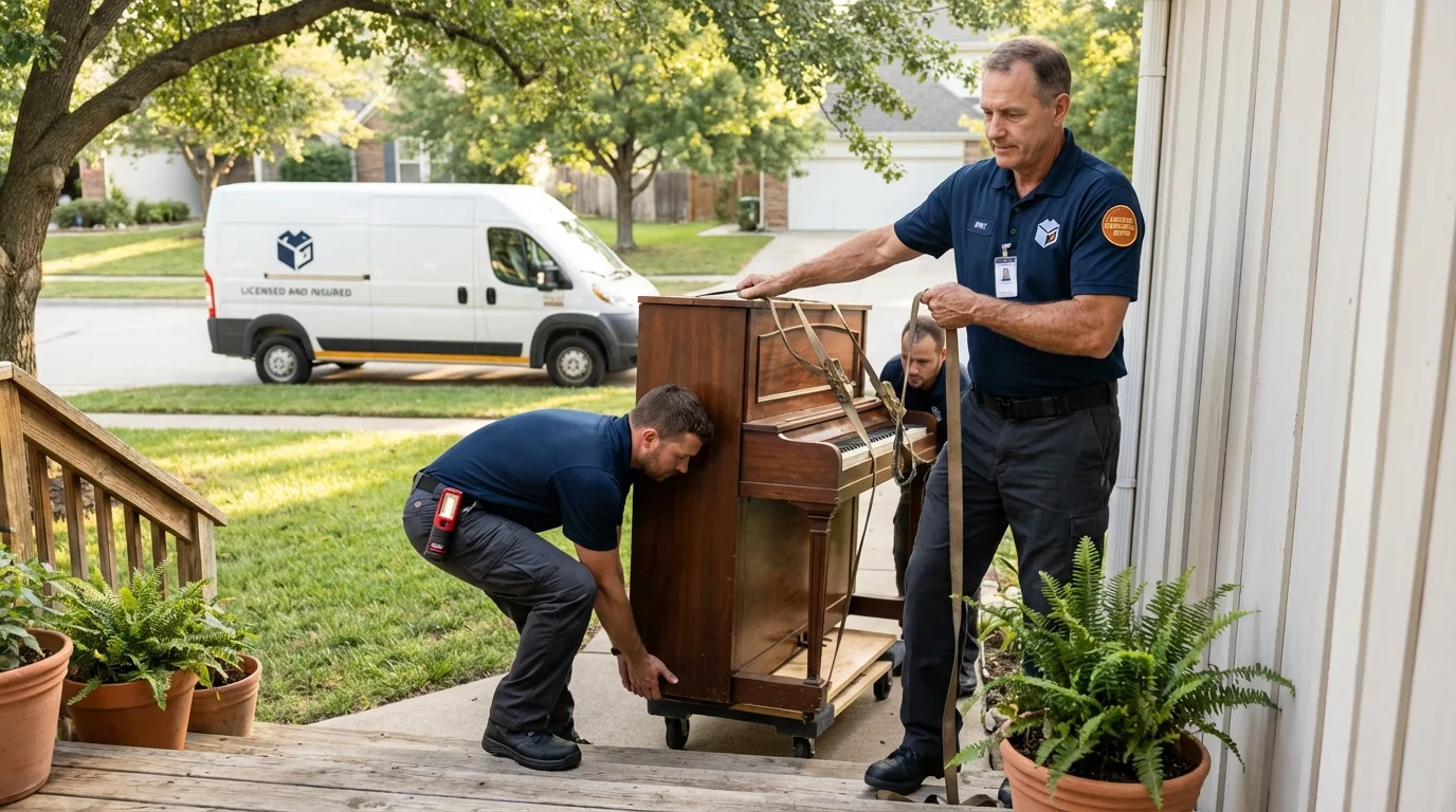 Licensed piano movers securing grand piano in Darien, IL