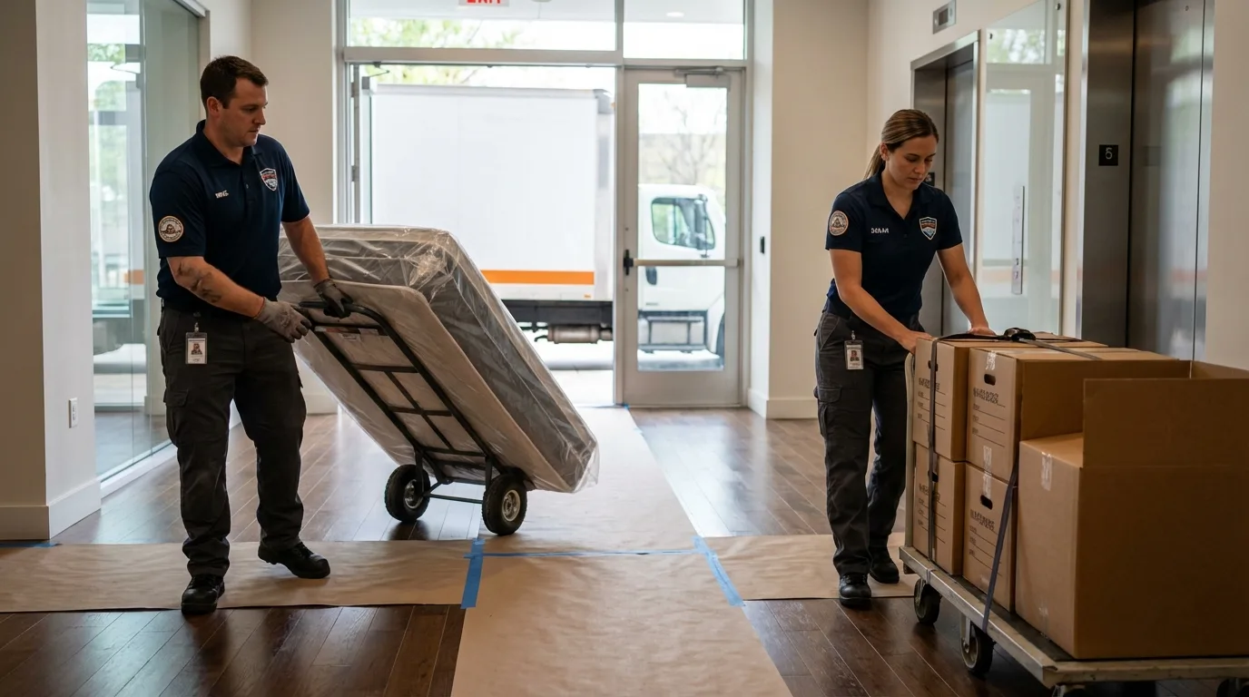 Professional apartment movers loading elevator in Darien, IL