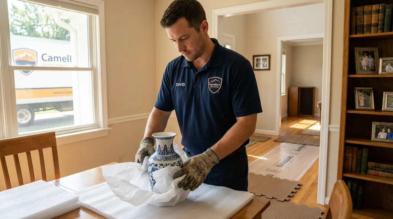 Professional crew carefully wrapping antique vase for senior downsizing move in Darien, IL